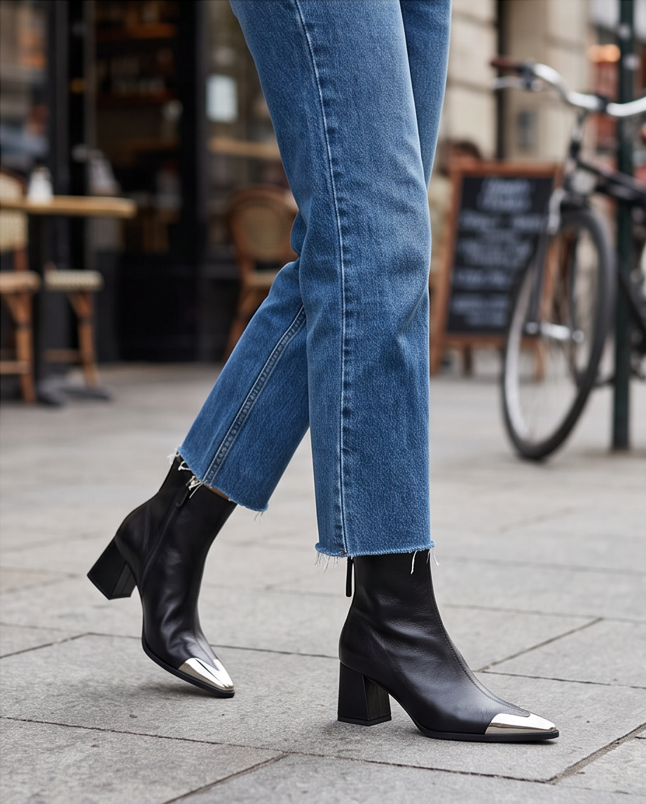 Black Genuine Leather Metal Cap-Toe Pointed Ankle Boot