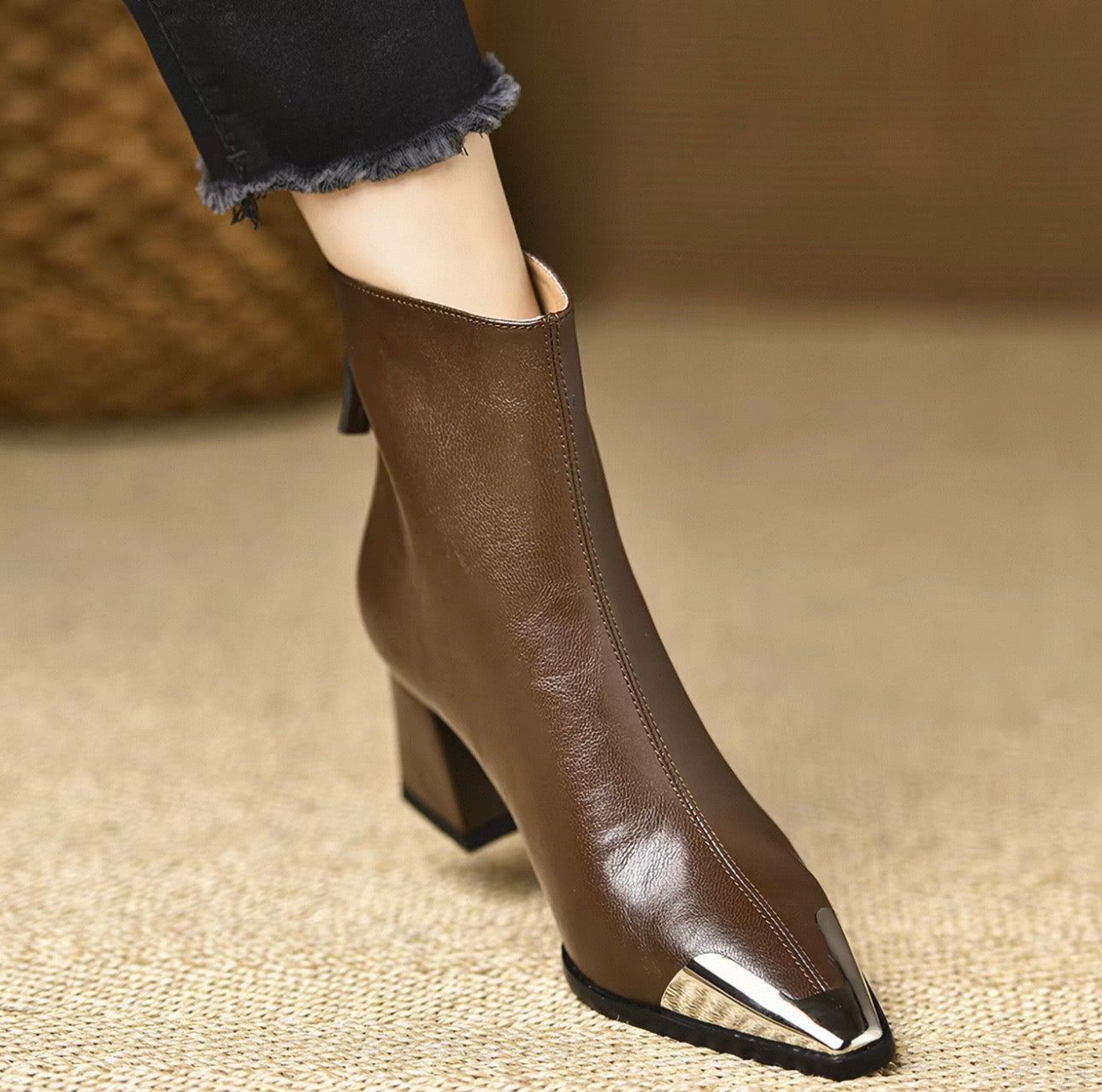 Brown Genuine Leather Silver Cap-Toe Pointed Ankle Boot