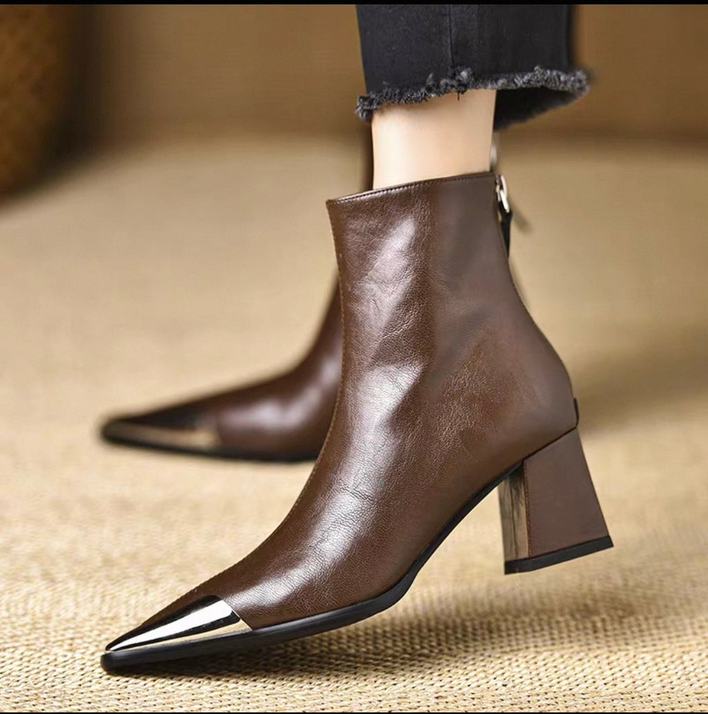 Brown Genuine Leather Silver Cap-Toe Pointed Ankle Boot