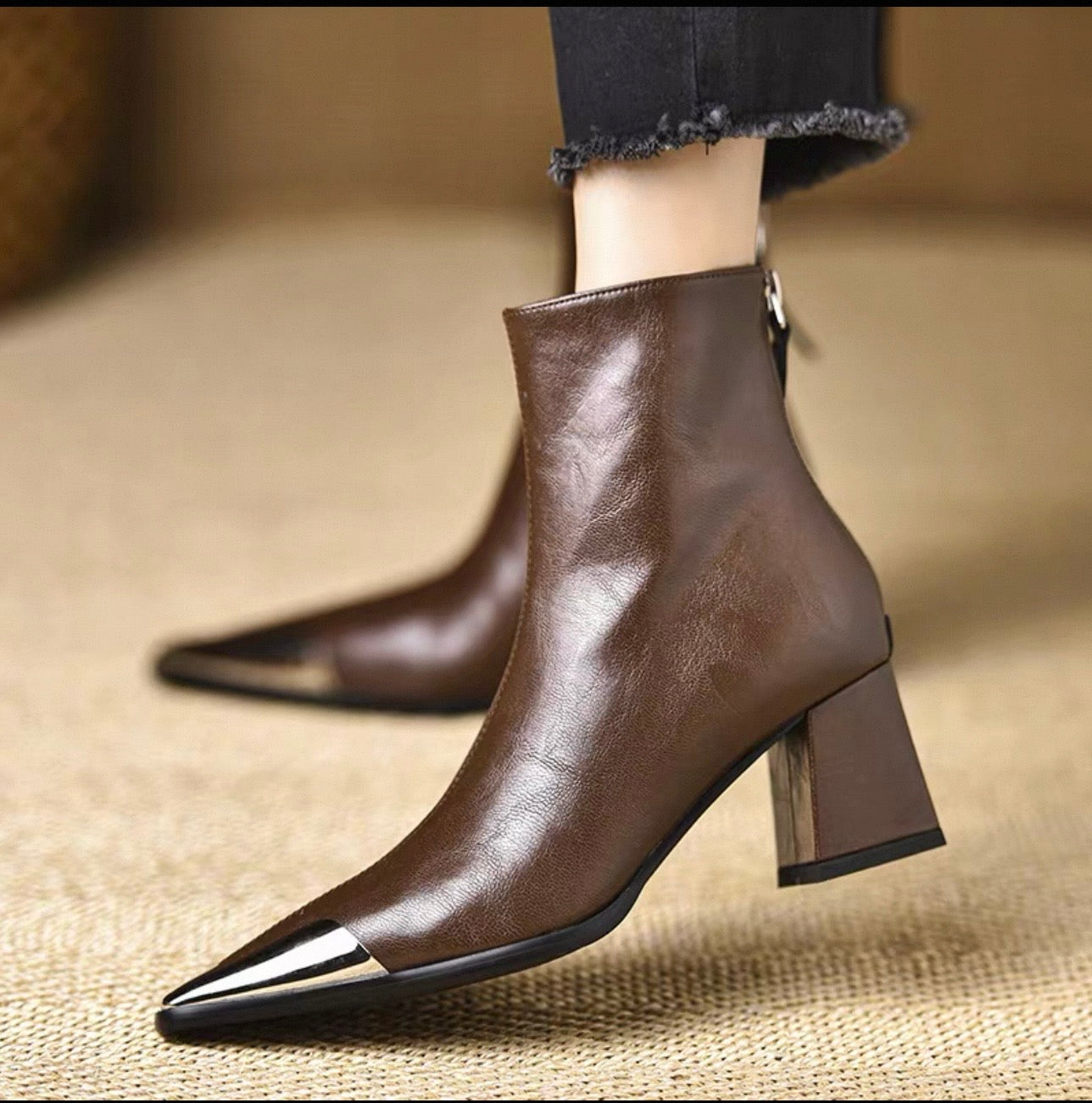 Brown Genuine Leather Silver Cap-Toe Pointed Ankle Boot