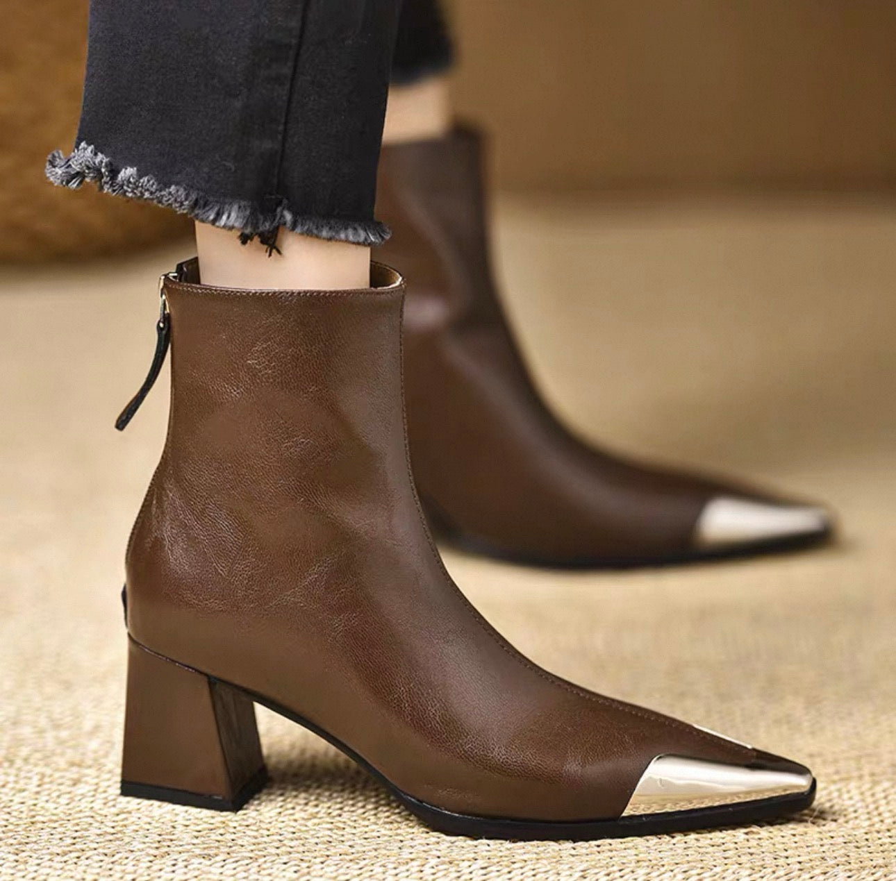 Brown Genuine Leather Silver Cap-Toe Pointed Ankle Boot