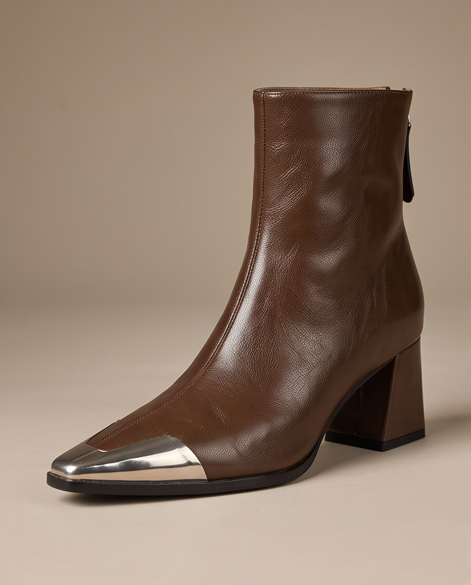 Brown Genuine Leather Silver Cap-Toe Pointed Ankle Boot