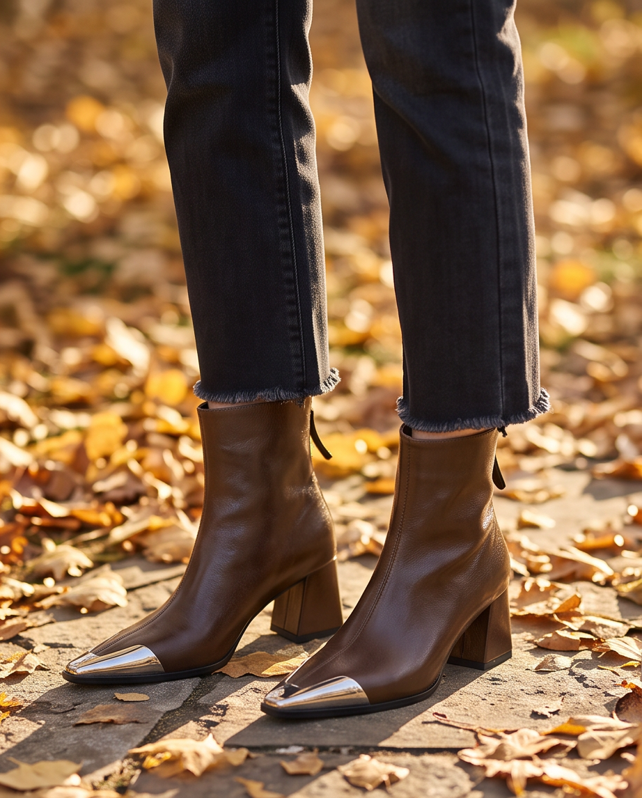 Brown Genuine Leather Silver Cap-Toe Pointed Ankle Boot