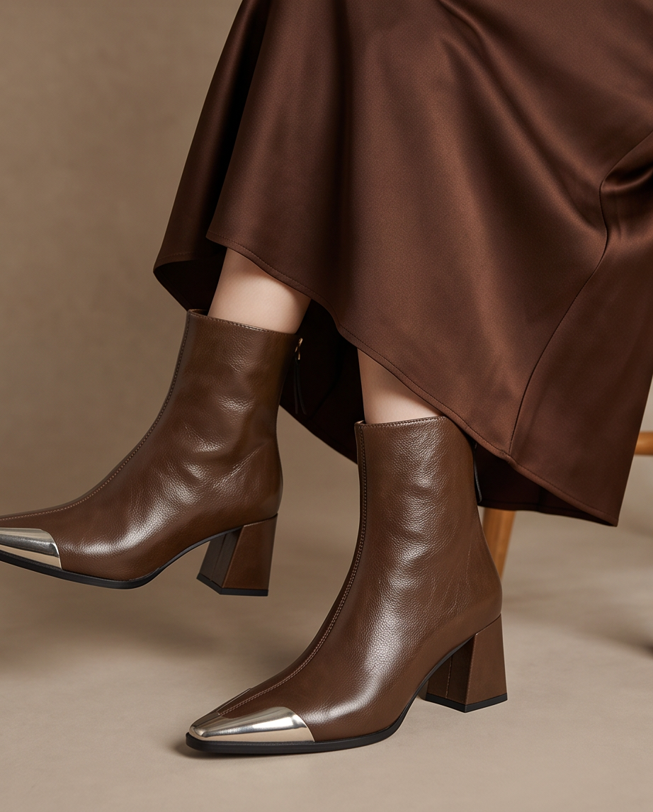 Brown Genuine Leather Silver Cap-Toe Pointed Ankle Boot
