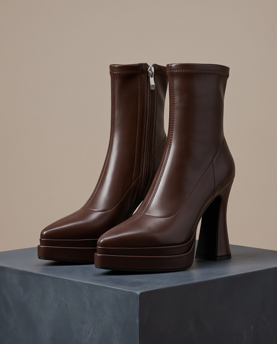 Brown Stretch Leather Platform Ankle Boot