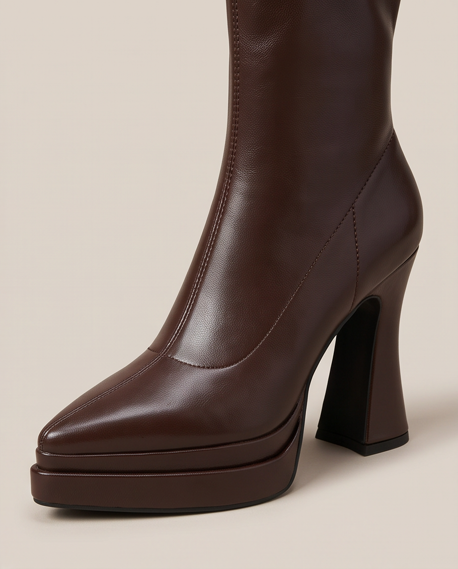 Brown Stretch Leather Platform Ankle Boot