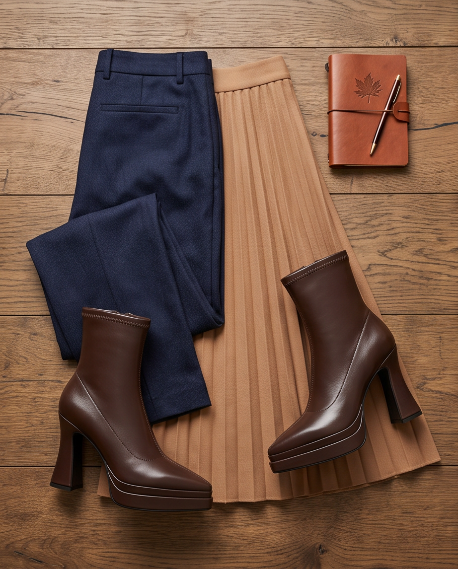 Brown Stretch Leather Platform Ankle Boot