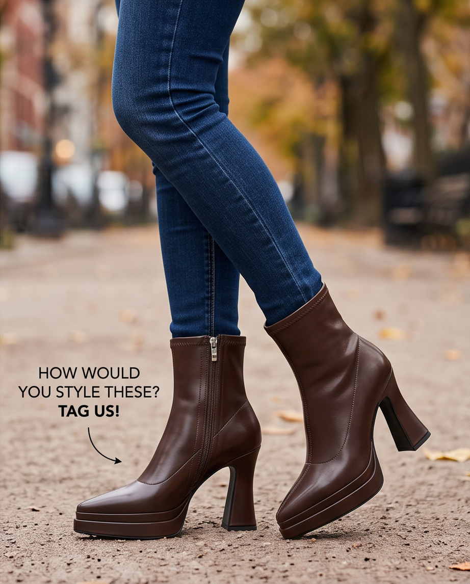 Brown Stretch Leather Platform Ankle Boot