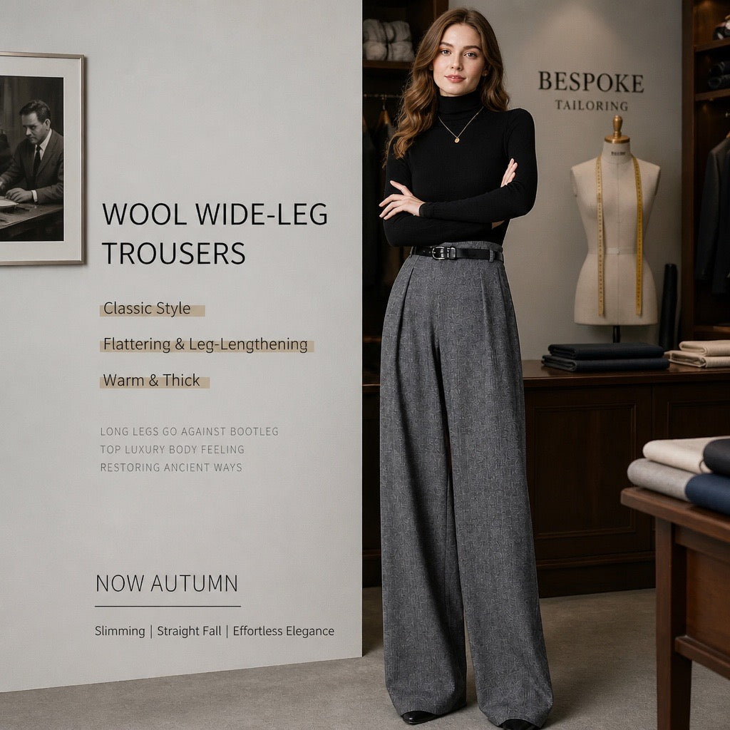 Grey Herringbone Wool-Blend High-Waist Wide-Leg Trousers