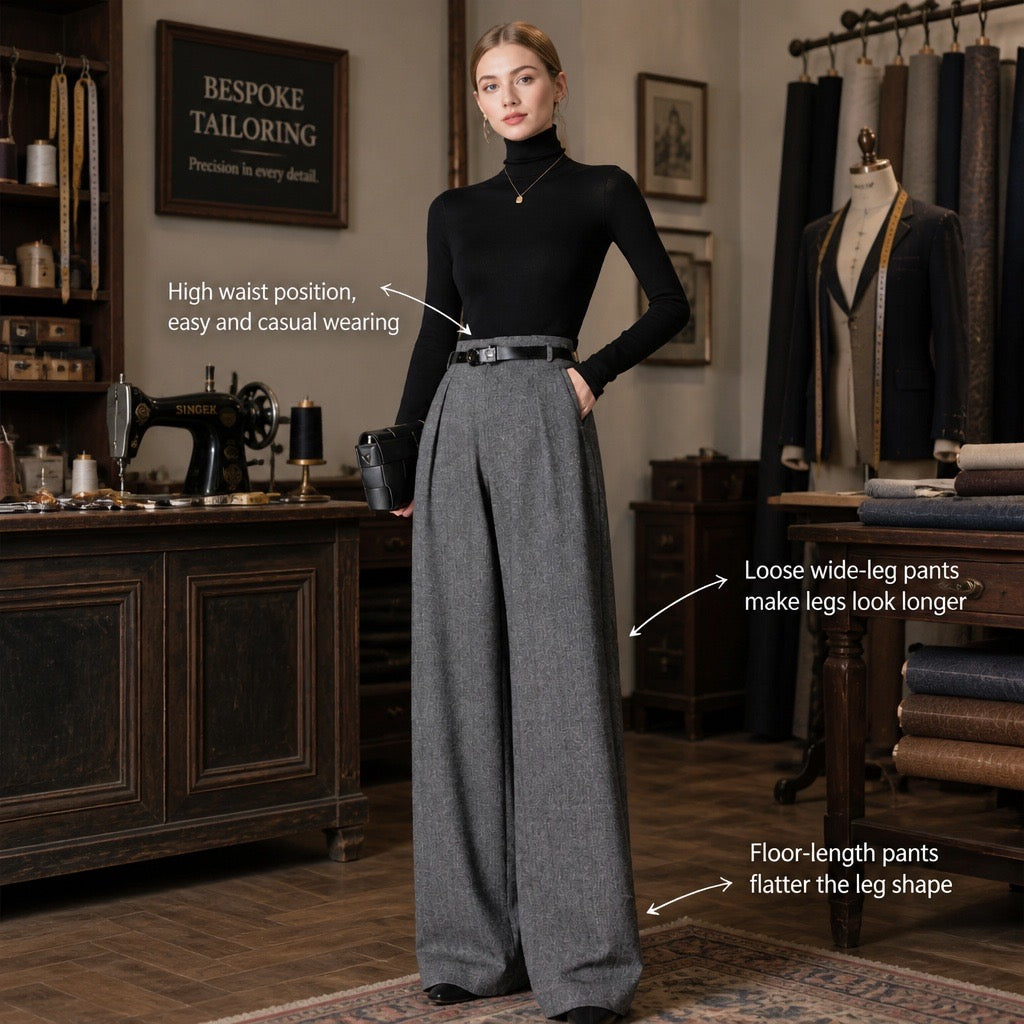 Grey Herringbone Wool-Blend High-Waist Wide-Leg Trousers