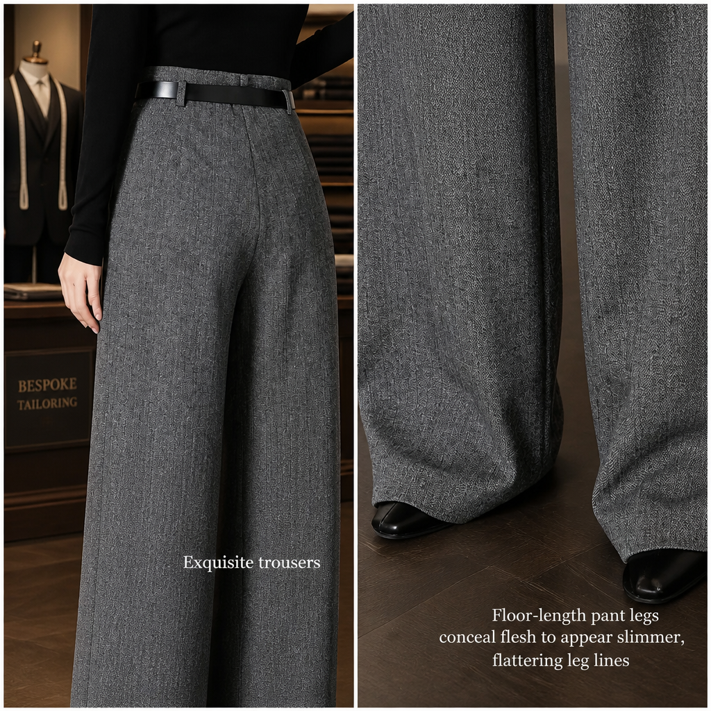 Grey Herringbone Wool-Blend High-Waist Wide-Leg Trousers