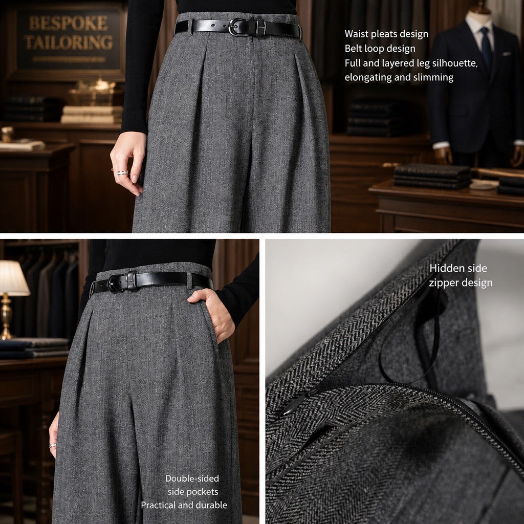 Grey Herringbone Wool-Blend High-Waist Wide-Leg Trousers