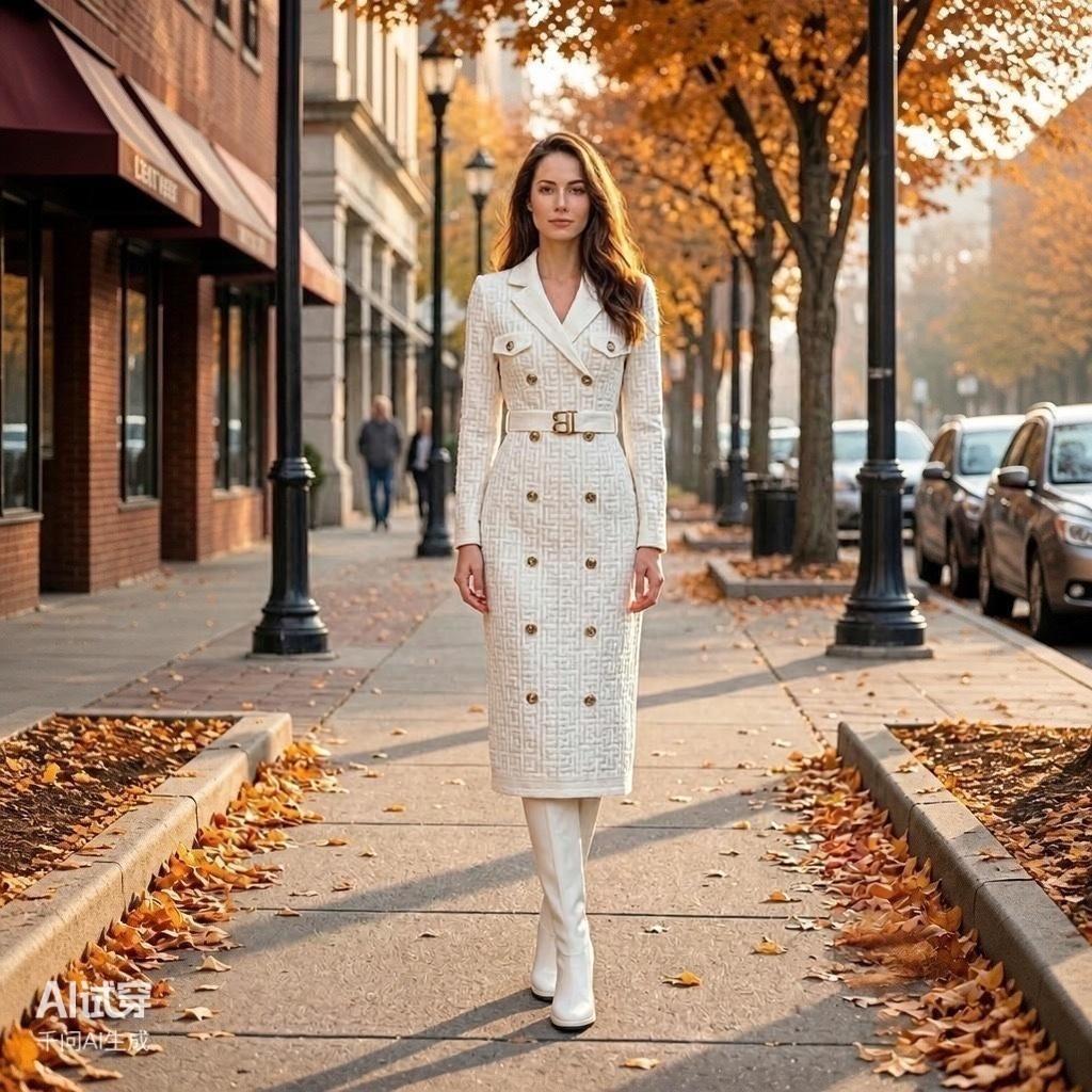 A woman stands on a city sidewalk wearing a long cream tweed double-breasted coat with gold-tone buttons and white knee-high boots. Trees with orange autumn leaves line the street beside brick buildings.