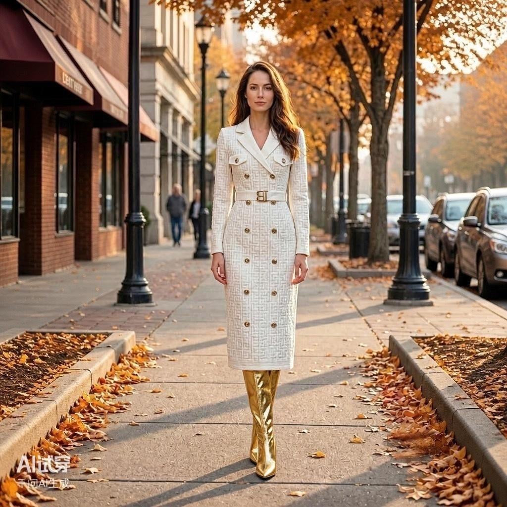 A woman walks down a city street lined with autumn trees and fallen leaves, wearing a long cream tweed double-breasted coat with gold buttons and shiny gold knee-high boots.