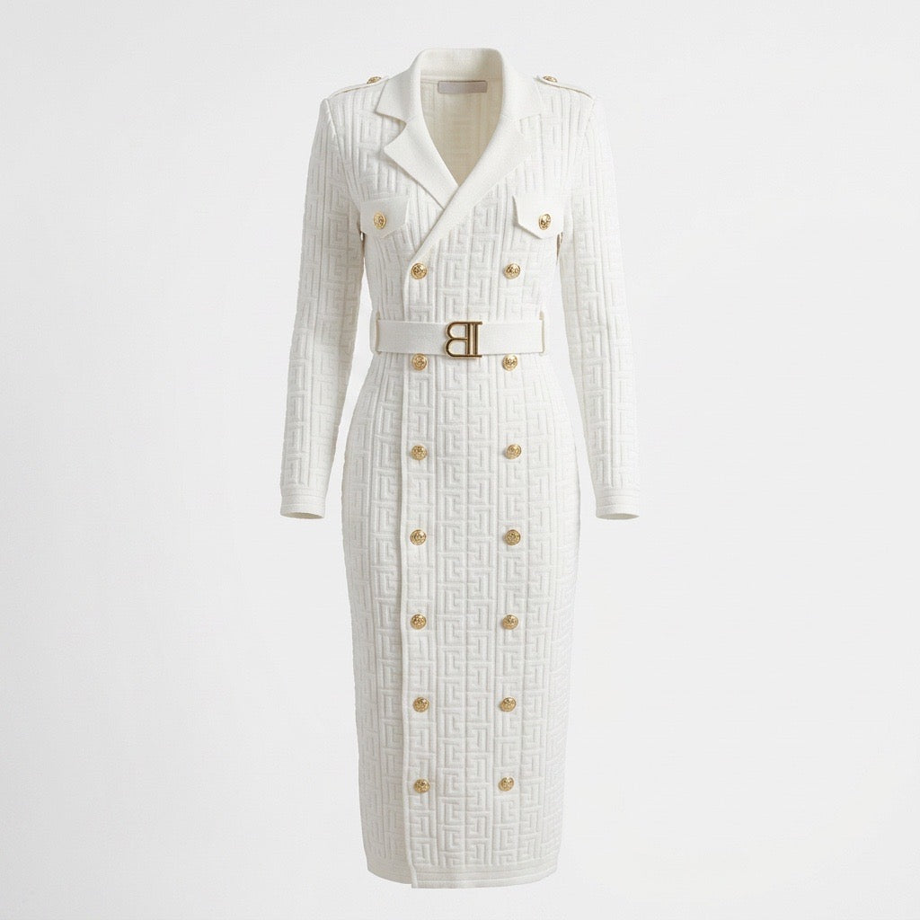 White Double-Breasted Gold Button Knit Midi Dress — Front