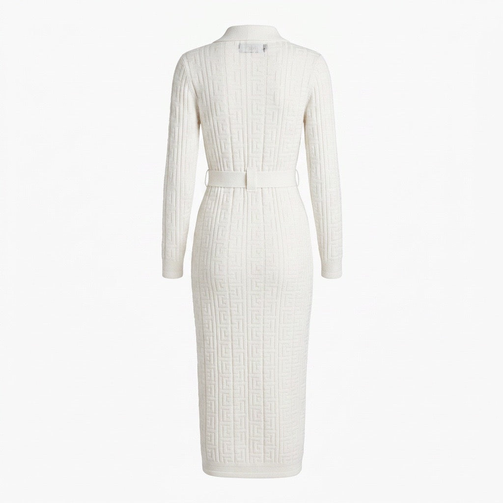 White Double-Breasted Gold Button Knit Midi Dress