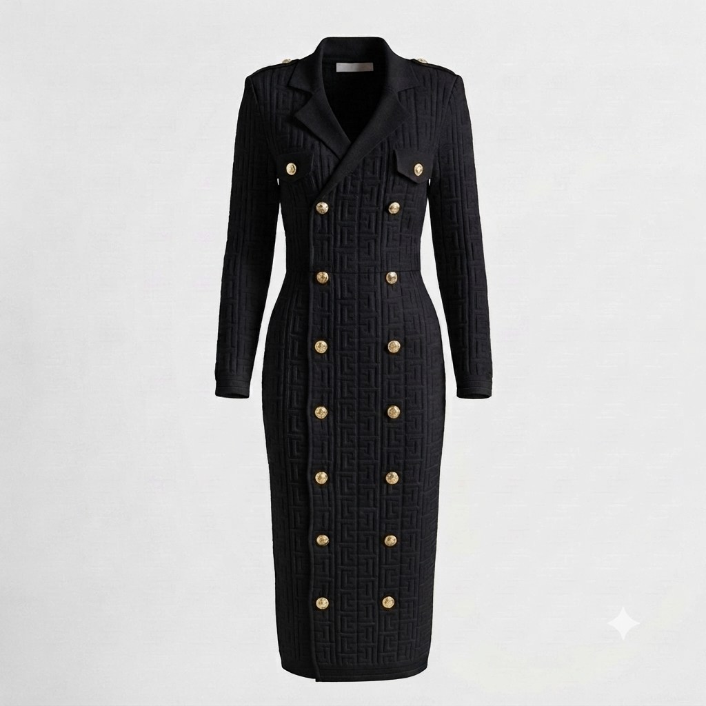 Black Double-Breasted Gold Button Knit Midi Dress