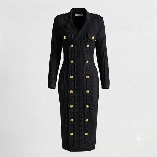 Black Double-Breasted Gold Button Knit Midi Dress