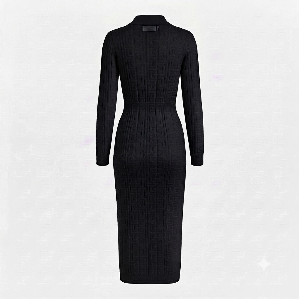 Black Double-Breasted Gold Button Knit Midi Dress