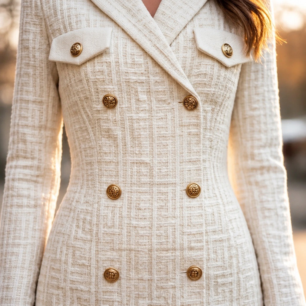 A close-up of a woman wearing a cream-colored textured tweed double-breasted blazer with ornate gold buttons. The image is cropped to show the detailed fabric texture and the buttons, with a warm, blurred outdoor background.