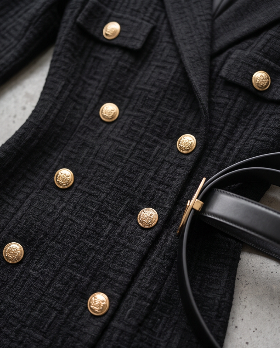 Black Double-Breasted Gold Button Knit Midi Dress
