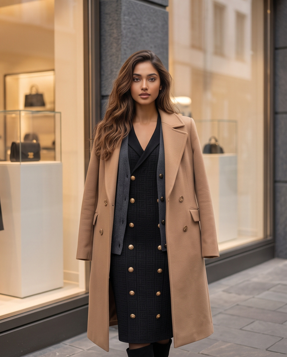 Black Double-Breasted Gold Button Knit Midi Dress