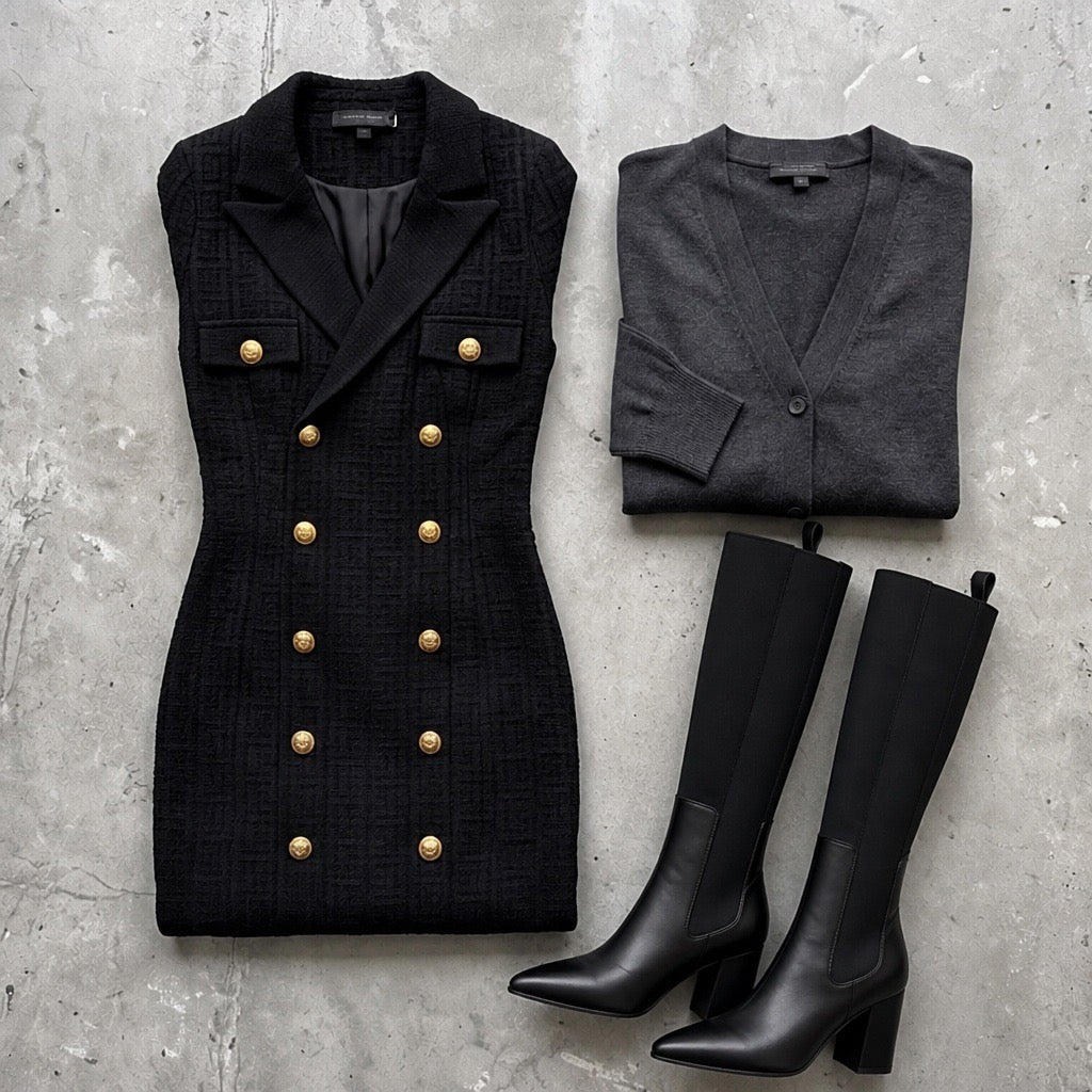 Black Double-Breasted Gold Button Knit Midi Dress