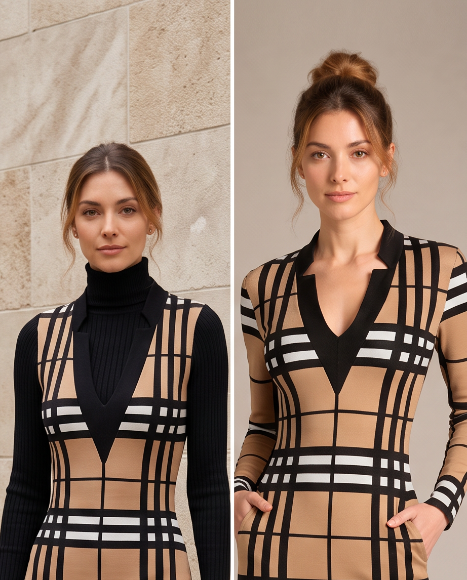 Camel Tartan Check Belted Knit Midi Dress