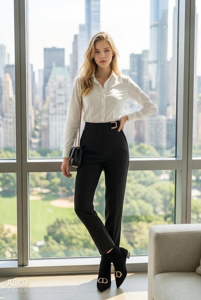 A woman stands in a bright room with large windows overlooking a city skyline and park, wearing a white button-up shirt, black pants, black ankle boots with gold hardware, and carrying a small black shoulder bag.