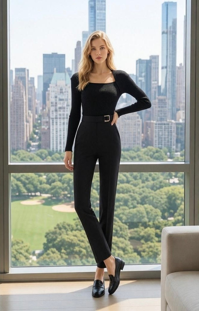 Black High-Waist Cropped Tapered Harem Trousers (Fleece-lined version)