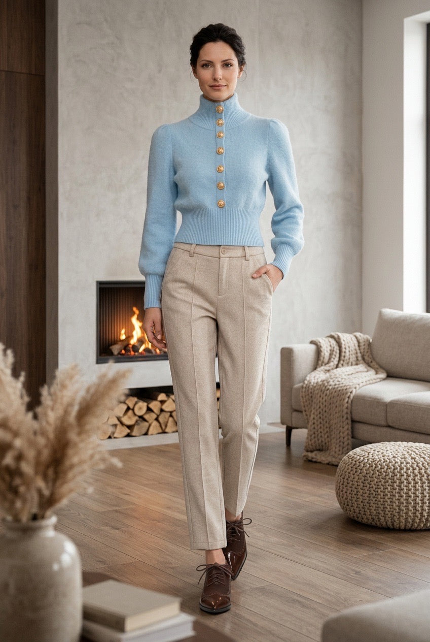 Sky Blue Gold Lion Button High-Neck Knit Cropped Sweater