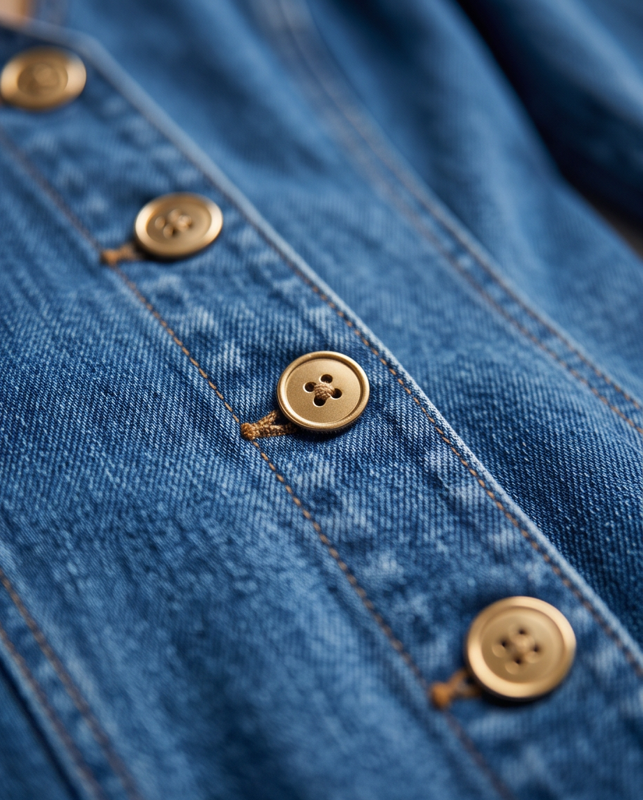 Blue denim gold button maxi dress - close up of gold buttons detail