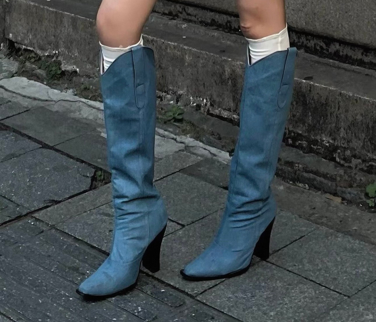 Denim Blue Knee-High Cowboy Heel Boot product information and measurements