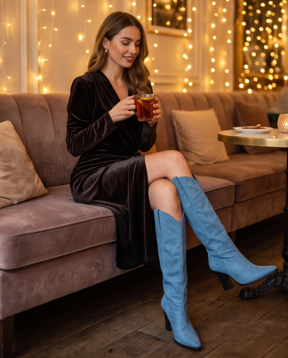 Denim Blue Knee-High Cowboy Heel Boot