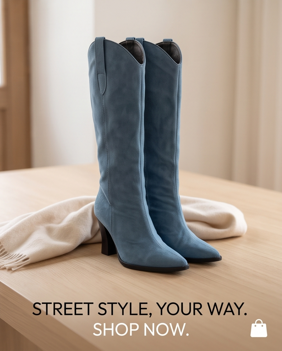 Denim Blue Knee-High Cowboy Heel Boot
