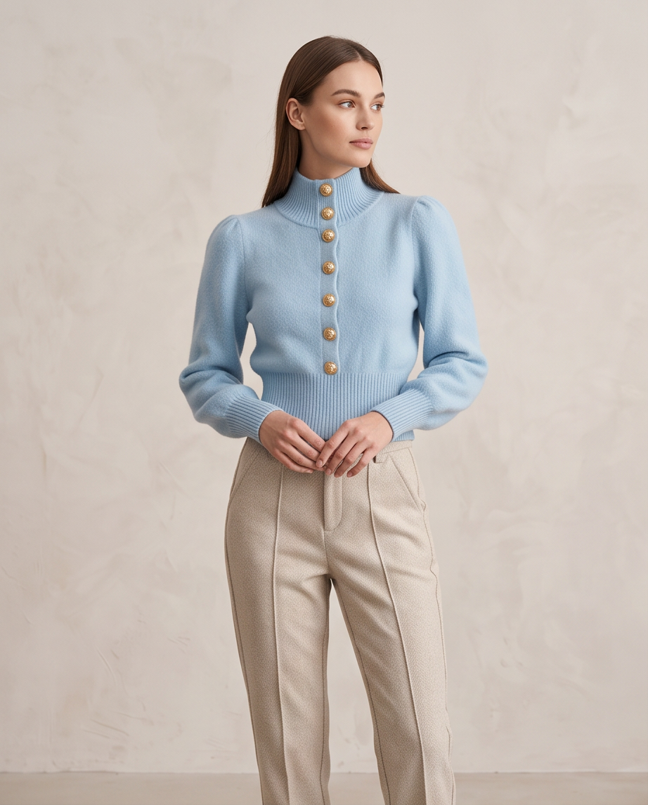 Sky Blue Gold Lion Button High-Neck Knit Cropped Sweater