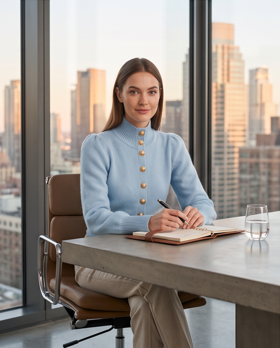 A woman sits at a desk in a modern office with a city skyline view, wearing a light blue high-neck sweater with gold buttons and beige pants. She is writing in a notebook with a pen, with a glass of water on the desk.