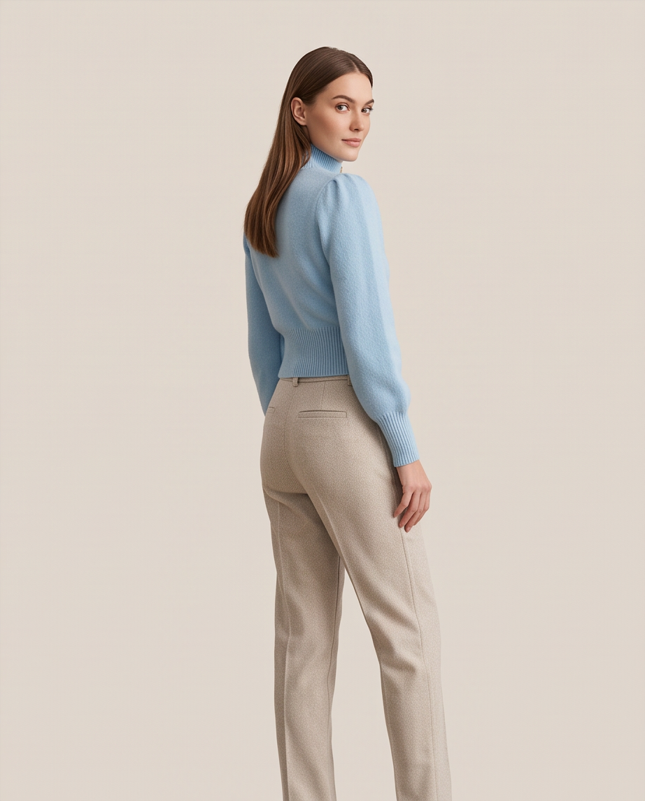 A woman wearing a light blue ribbed mock-neck sweater and beige trousers, photographed from the back against a plain warm beige studio background.