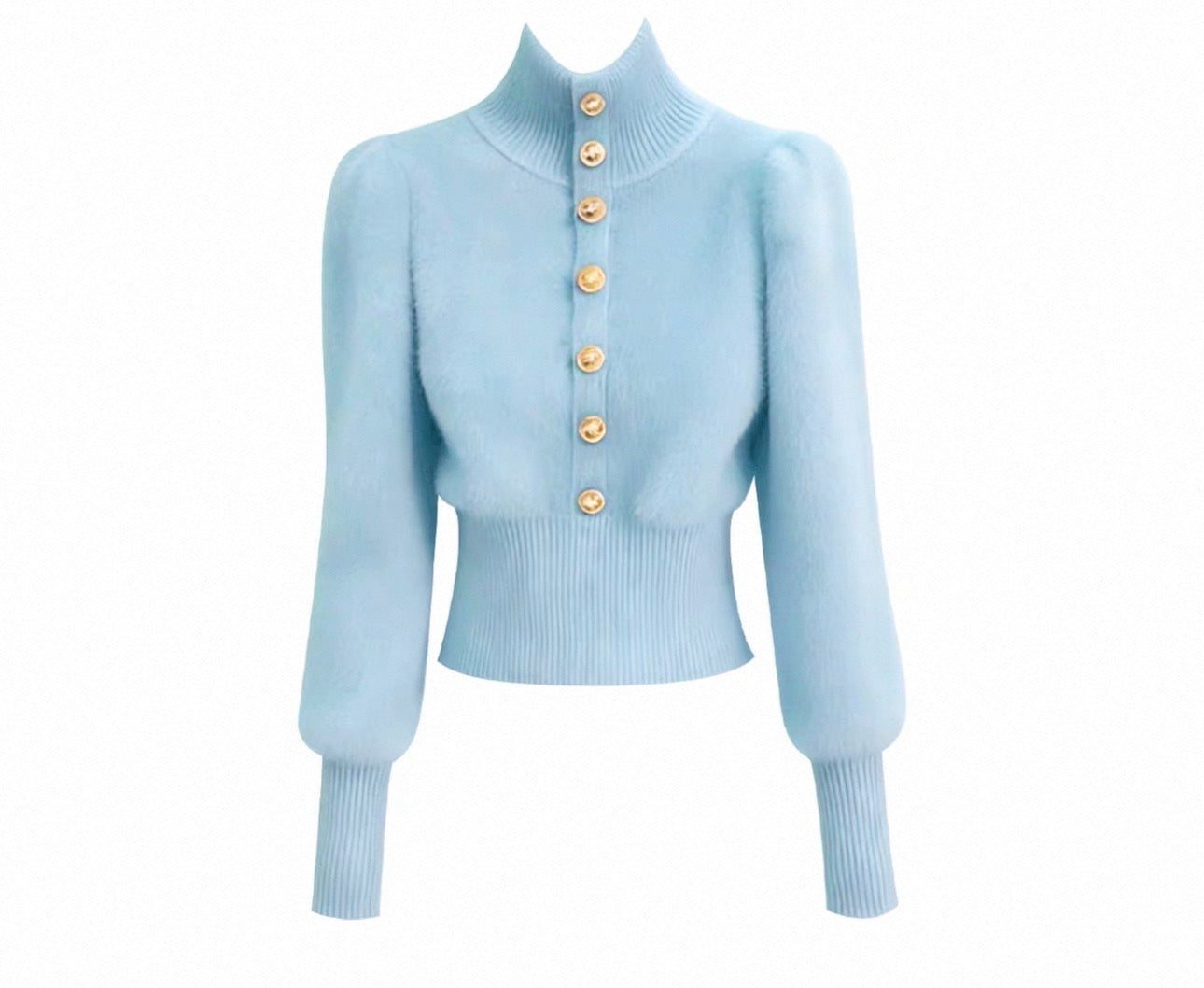 A light blue ribbed knit cardigan sweater with a mock neck, balloon sleeves, and gold buttons down the front, displayed on a clean white background.