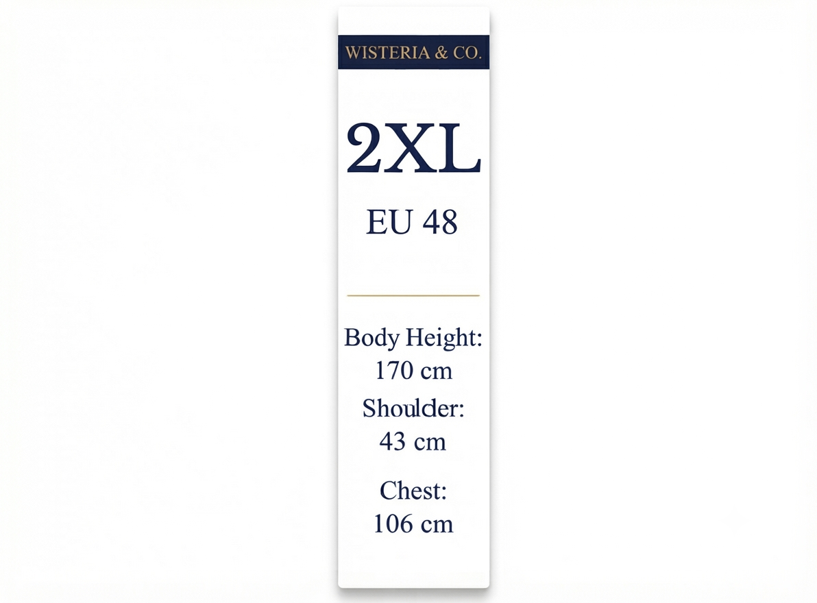 A tall white sizing card for Wisteria & Co. 2XL / EU 48 size information, showing body height 170 cm, shoulder 43 cm, and chest 106 cm, on a plain white background.