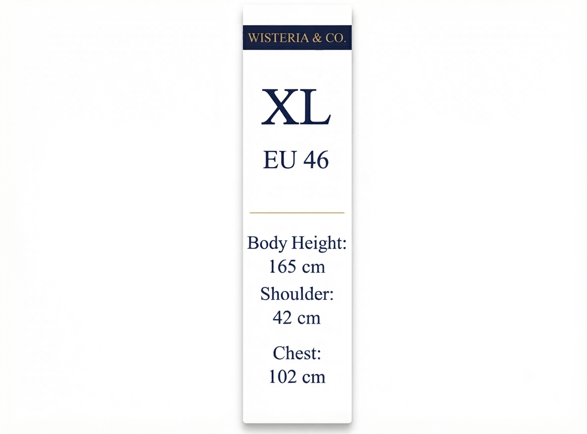 A tall, narrow white size card for Wisteria & Co. clothing, indicating size XL / EU 46 with body height, shoulder, and chest measurements listed in navy blue text.