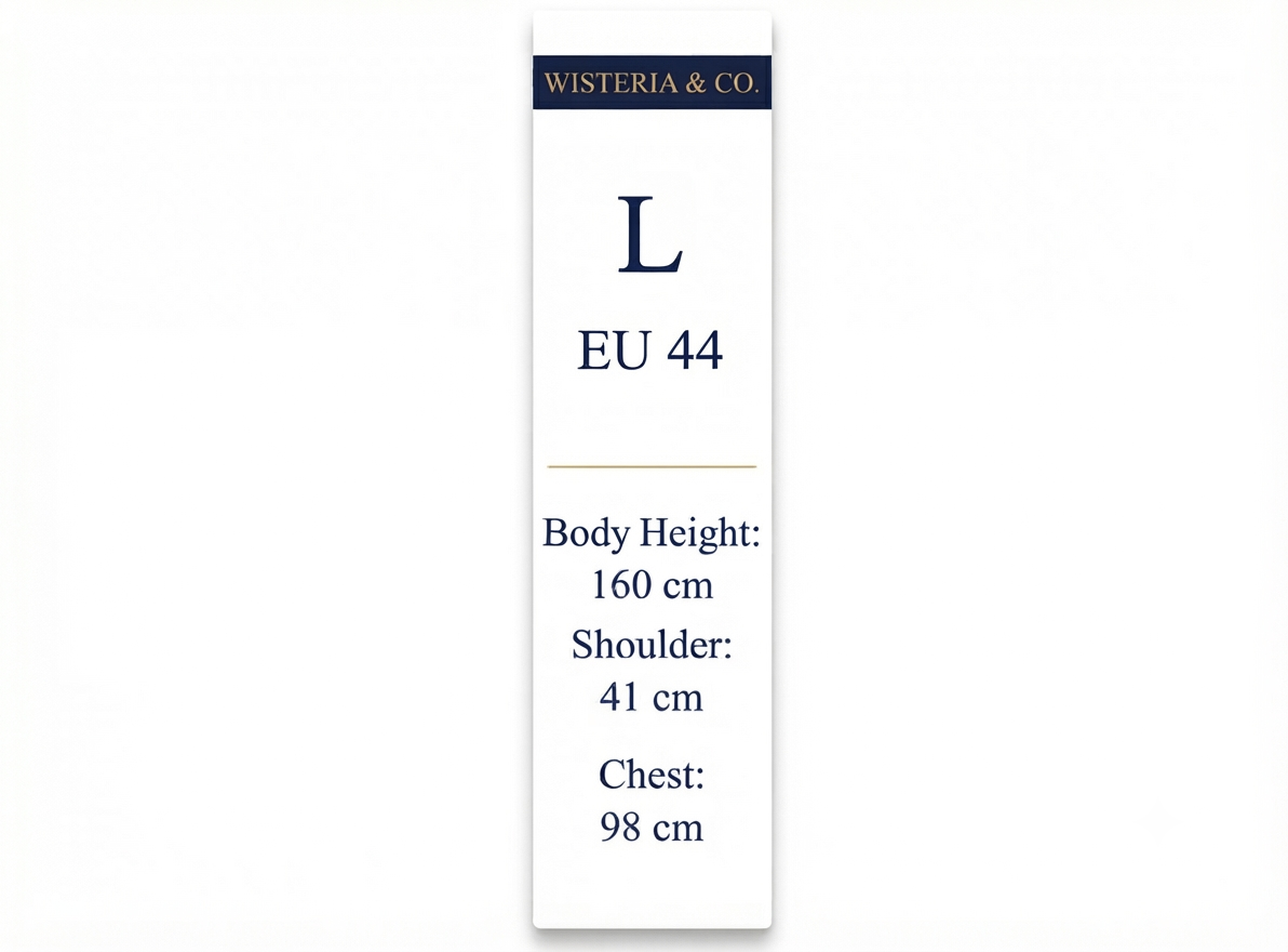 A vertical white size card for Wisteria & Co clothing, showing size L / EU 44 with body height 160 cm, shoulder 41 cm, and chest 98 cm in dark blue text.