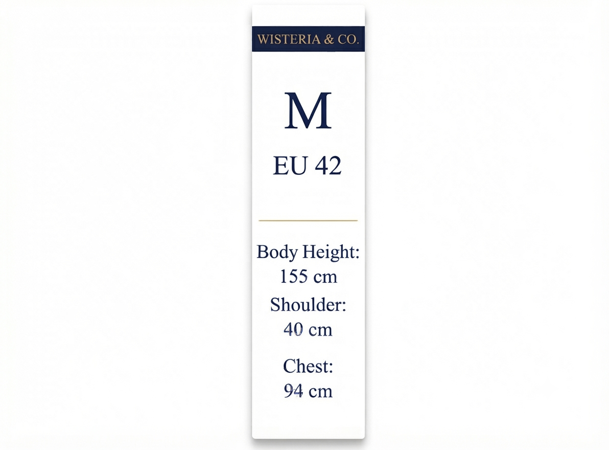 A vertical white size card with navy text reading 'WISTERIA & CO' at the top, a large letter M, and body measurements for EU 42: body height 155 cm, shoulder 40 cm, and chest 94 cm, on a light gray background.