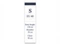 A tall white sizing card with navy text reading 'WISTERIA & CO' at the top, size 'S' and 'EU 40', plus body height 150 cm, shoulder 39 cm, and chest 90 cm, on a light gray background.