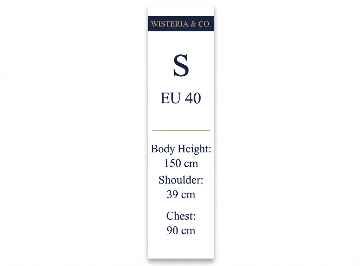 A tall white sizing card with navy text reading 'WISTERIA & CO' at the top, size 'S' and 'EU 40', plus body height 150 cm, shoulder 39 cm, and chest 90 cm, on a light gray background.