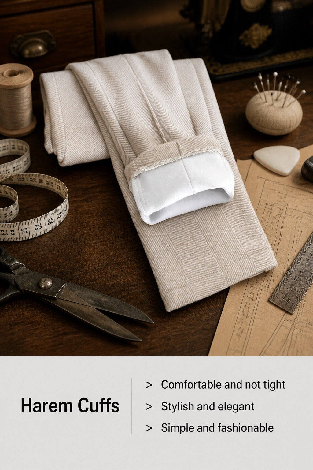 A folded pair of light beige harem-style pants or trousers displayed on a dark wooden table with sewing tools and fabric accessories around them. A white inner cuff lining is visible at the folded hem.