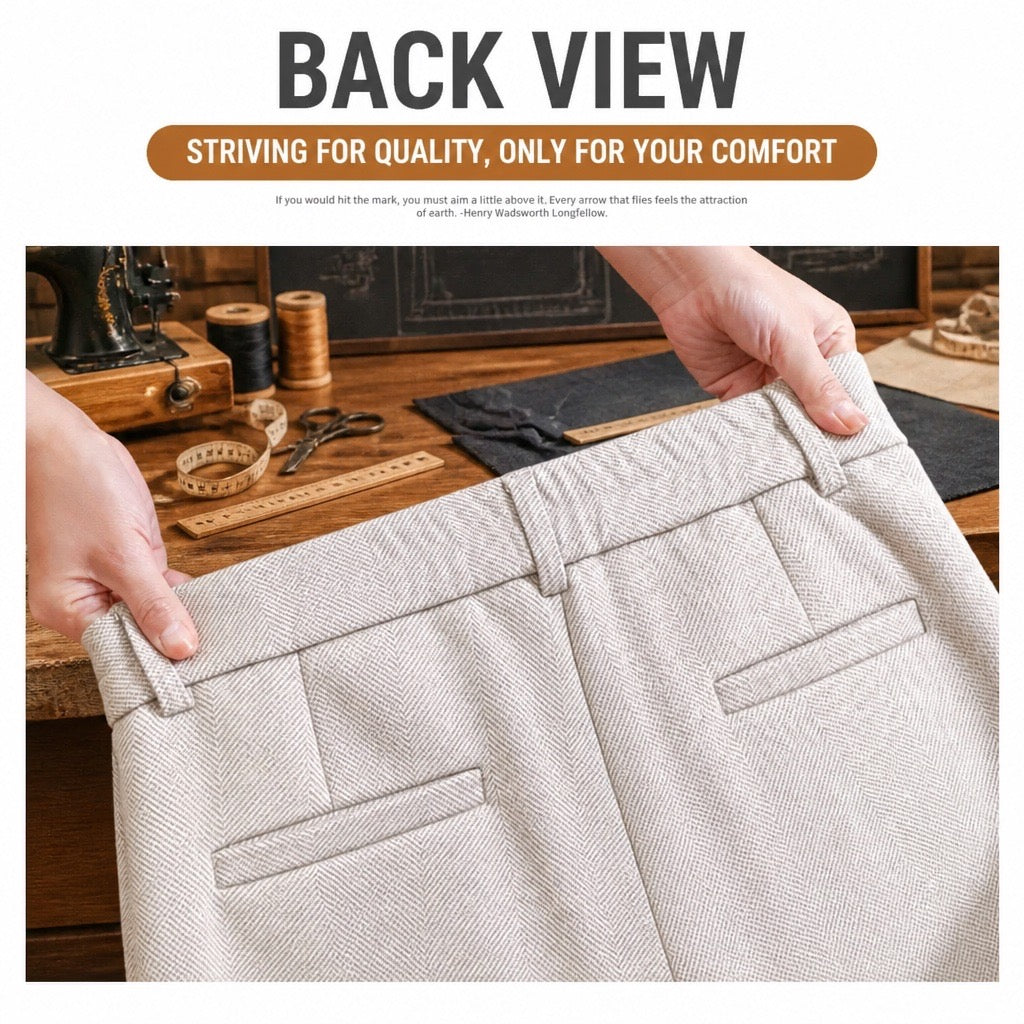 A close-up of a person holding the back waistband and seat area of light beige textured trousers, with a sewing-room background and the text 'BACK VIEW' and 'STRIVING FOR QUALITY, ONLY FOR YOUR COMFORT' above.
