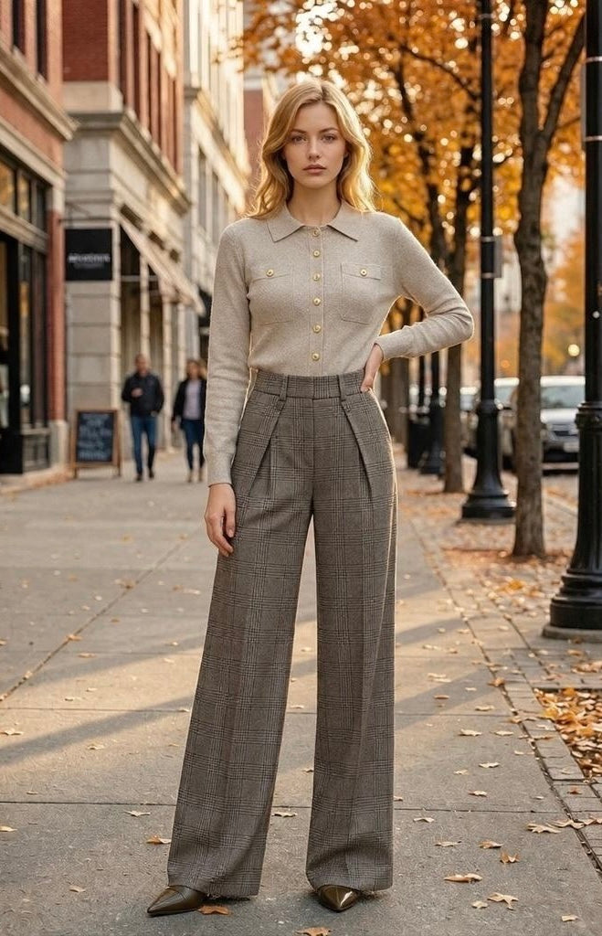 High-Waisted Wide-Leg Micro-Check Trousers