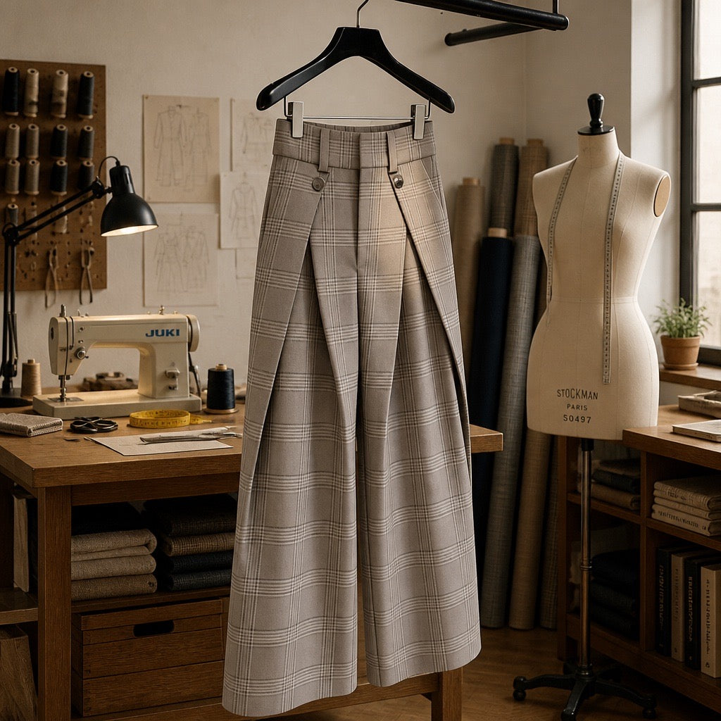 High-Waisted Wide-Leg Micro-Check Trousers