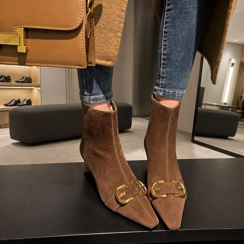 Brown Suede Gold Buckle Pointed-Toe Ankle Boots